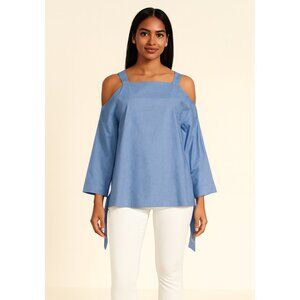 Tibi Cold-Shoulder Chambray Cut-Out Blouse Bow-Tie Sleeves XS
